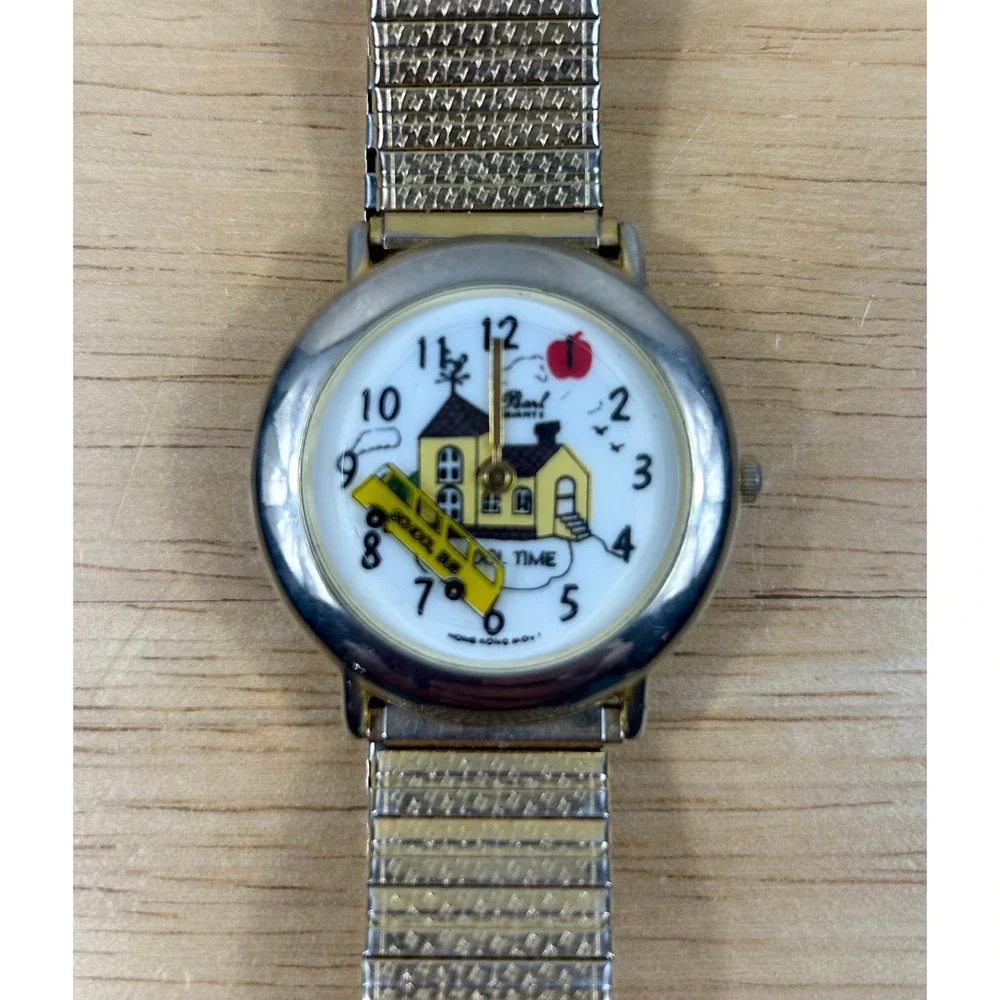 VTG Pearl Quartz Watch Women Gold Tone Schoolhouse School Bus Teacher Novelty